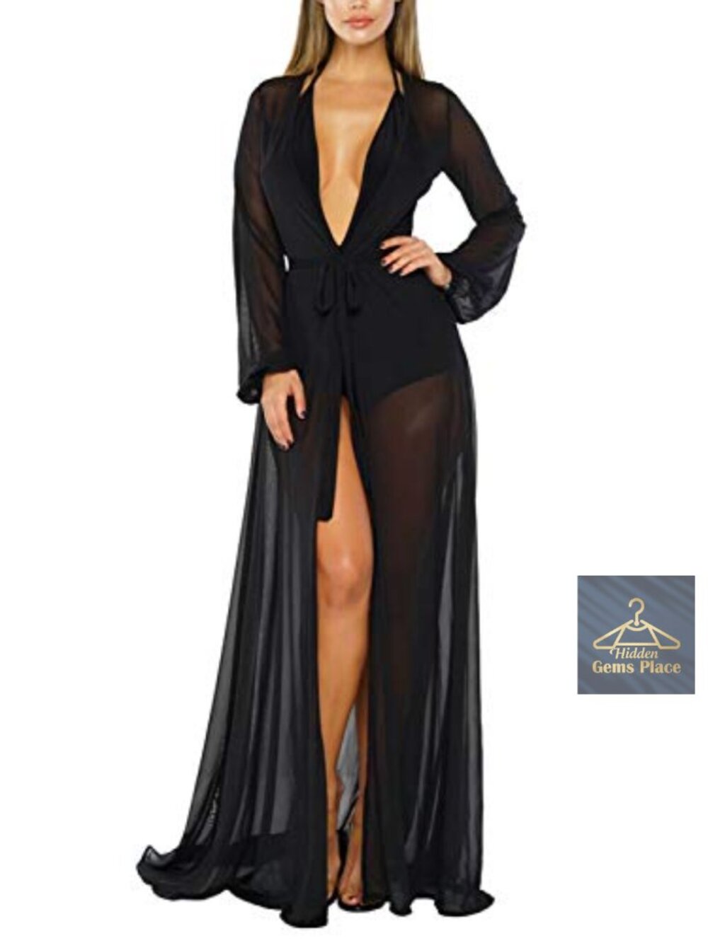 Long Sleeve Sheer Mesh Maxi Swim Cover Up Tie Front Plunge V Neck Beach Robe
